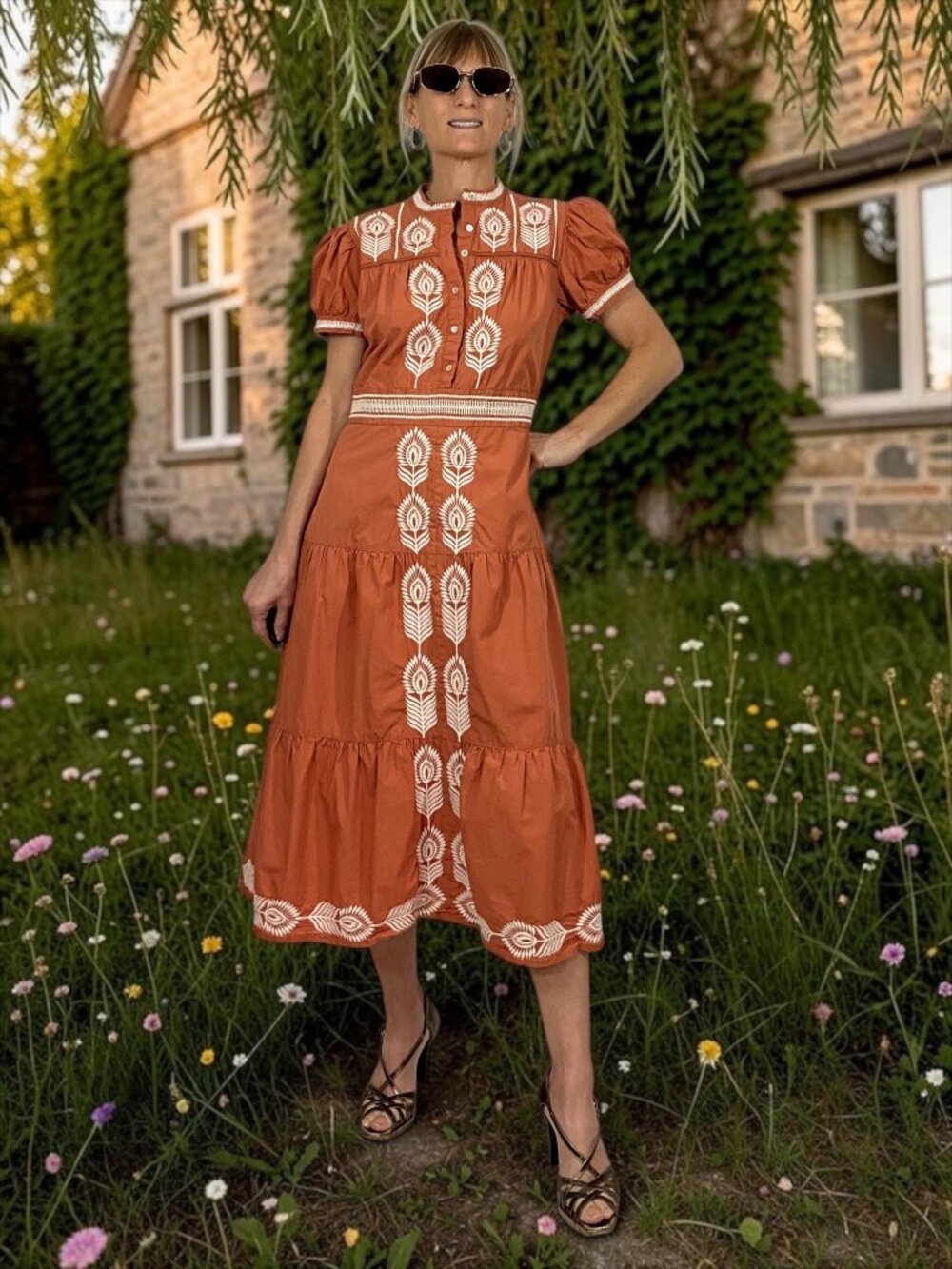 Bohme Siya Embroidered Dress S Orange Short Sleeve Midi Cottagecore - Picture 16 of 16
